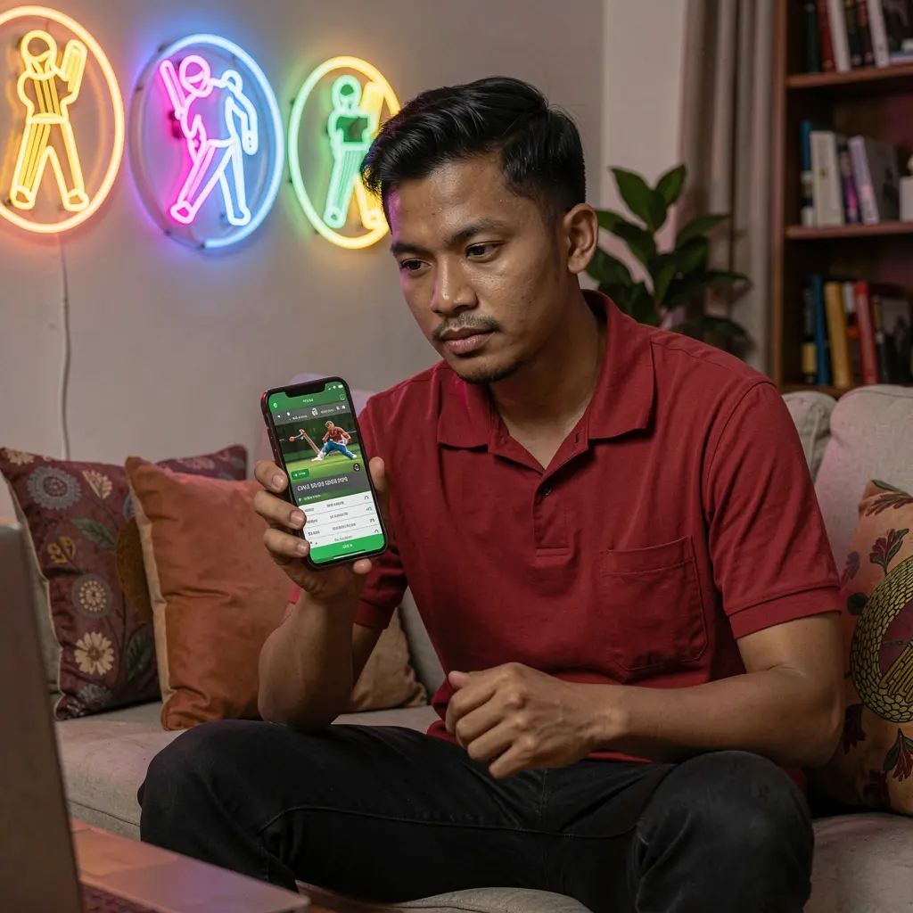 Indonesian man relaxing in a cozy living room while using the SPN 88 sports betting app with glowing cricket icons behind him