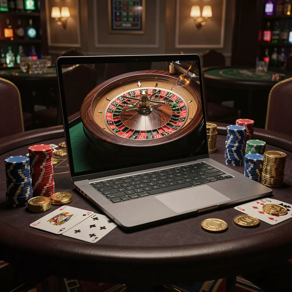 A modern laptop on a casino table showing a live roulette wheel with stacks of casino chips and playing cards representing the immersive online casino experience on SPN 88 in Indonesia