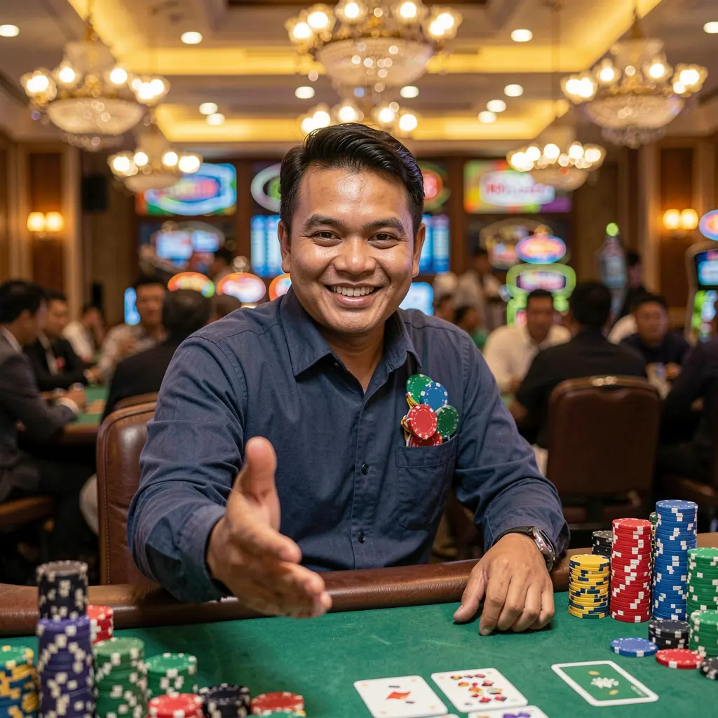 SPN 88 Login – Secure and smooth entry to your casino account in Indonesia Smiling Indonesian live casino dealer reaching forward with flying poker chips symbolizing trusted and engaging SPN 88 login for Indonesia