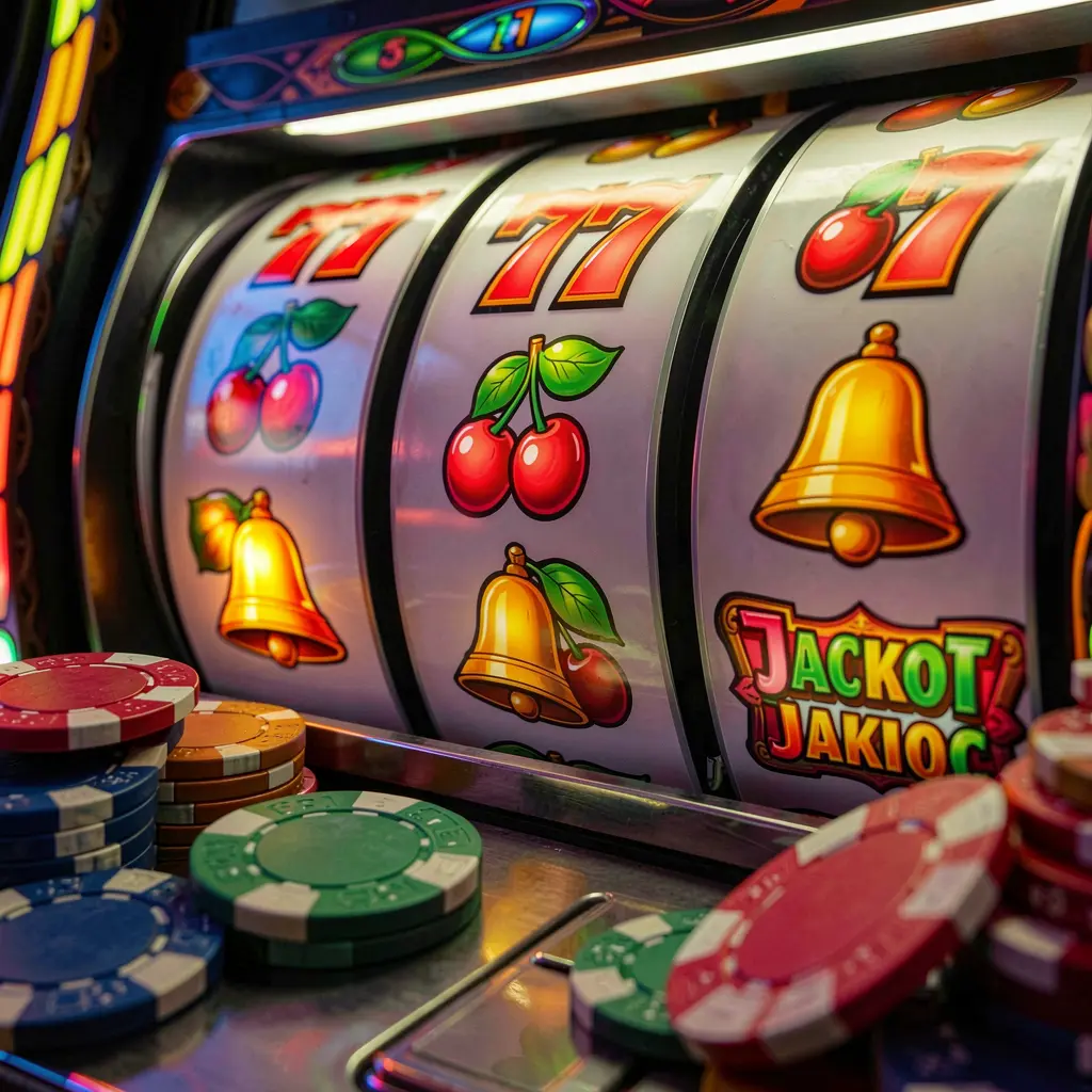 SPN 88 - Exciting Slot Machine with Jackpot Symbols in Indonesia Colorful slot machine close-up with jackpot symbols 777, cherries, and bells, glowing casino chips and coins scattered around, cinematic lighting at SPN 88 Indonesia